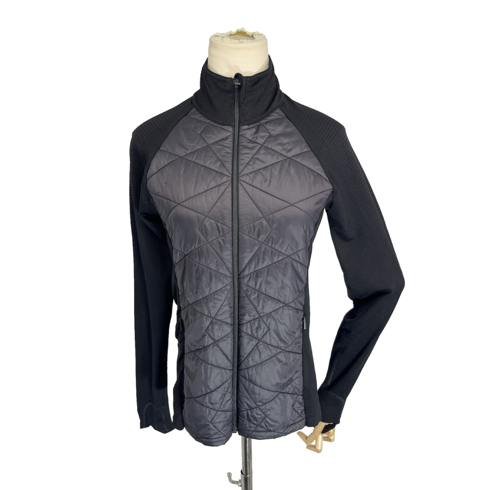 Athleta Womens Black Quilted Jacket Full Zip Ribbed Knit Panels Medium Thumbhole - Picture 2 of 13